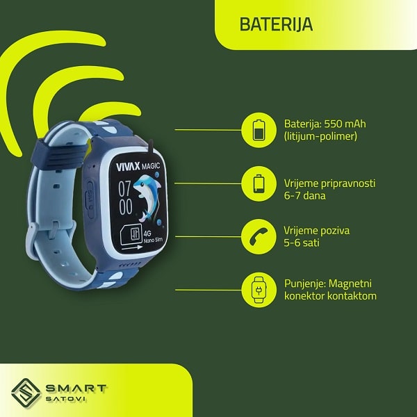 Vivax Smart Kids Dječiji Pametni Sat 4G Magic Blue baterija-min